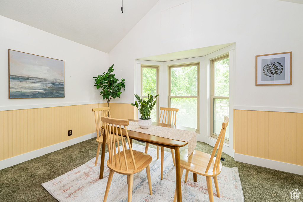 Carpeted dining area with wainscoting, high vaulted ceiling, and baseboards