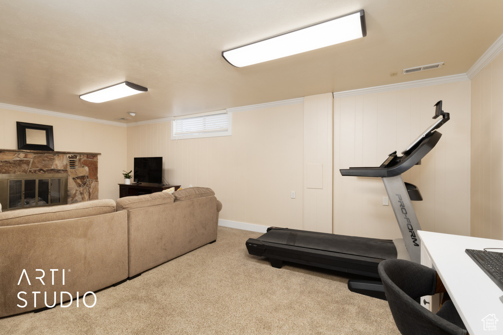 Exercise room featuring carpet floors, crown molding, and a fireplace