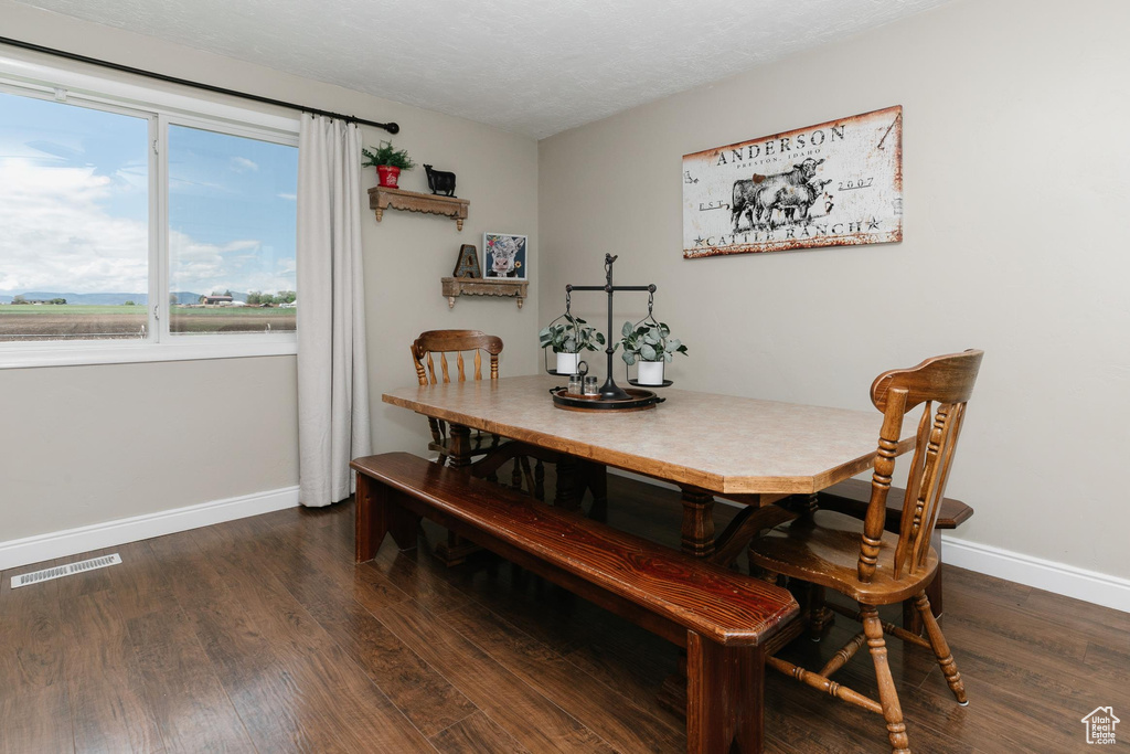 Dining space with baseboards and dark wood-style flooring