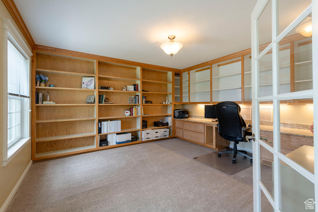 Office featuring light carpet, healthy amount of natural light, built in study area, and baseboards
