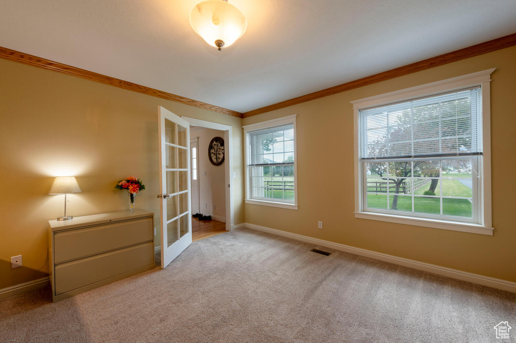 Unfurnished room featuring ornamental molding, light carpet, baseboards, and french doors