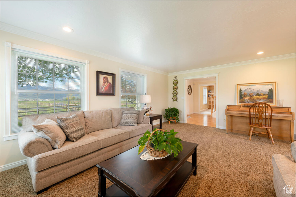 Living area with crown molding, carpet flooring, baseboards, and recessed lighting