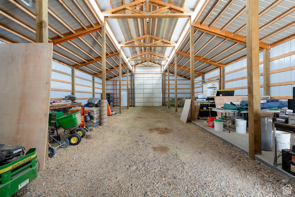 Garage featuring metal wall