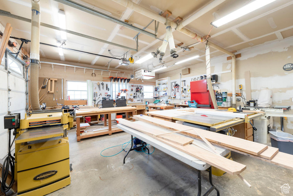 Garage featuring a workshop area