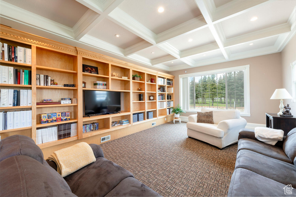 Living room with beam ceiling, coffered ceiling, recessed lighting, carpet flooring, and crown molding