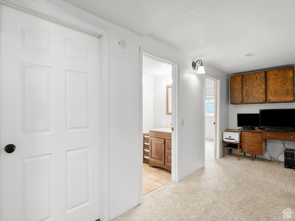 Home office with light colored carpet