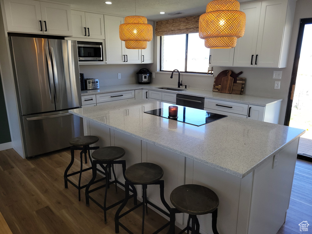 Kitchen featuring stainless steel appliances, a sink, dark wood-style flooring, a kitchen island, and recessed lighting