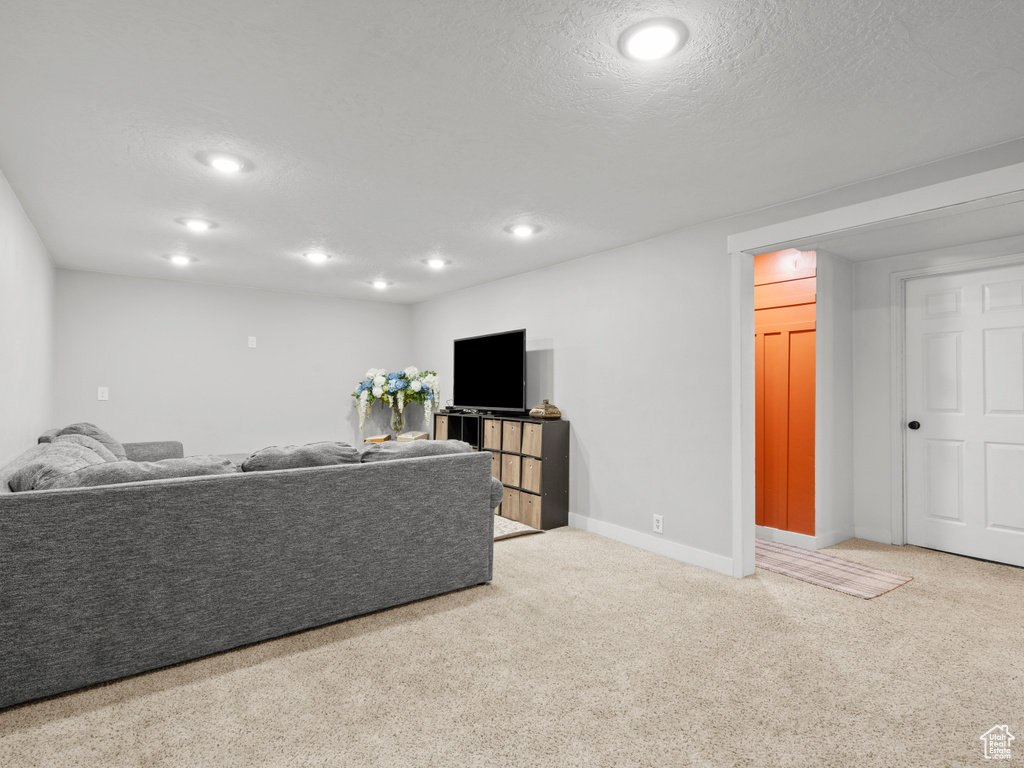 Carpeted living area featuring recessed lighting, baseboards, and a textured ceiling