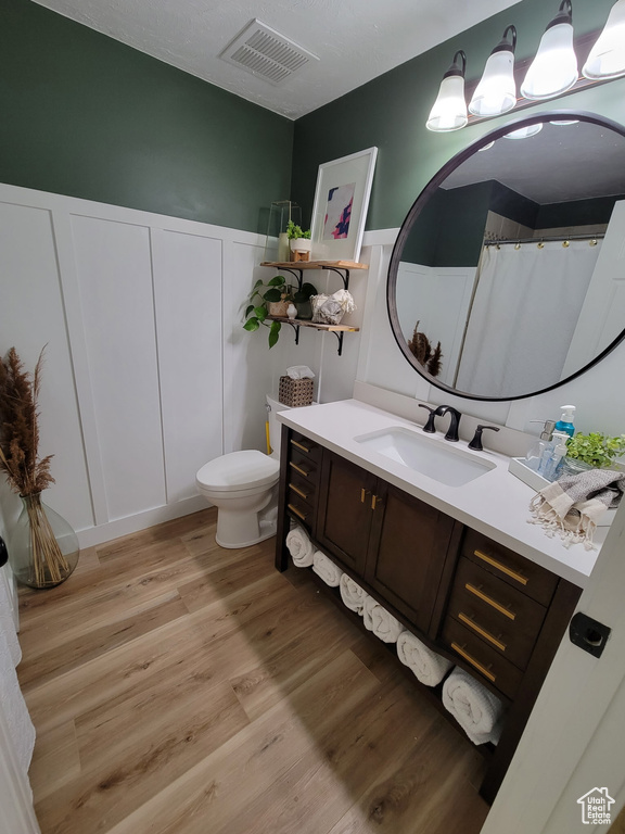 Bathroom featuring a decorative wall, vanity, wood finished floors, toilet, and a wainscoted wall