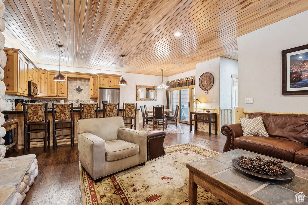Living room with wooden ceiling and wood finished floors