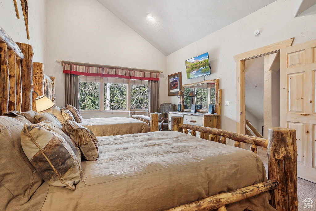 Bedroom featuring high vaulted ceiling and carpet flooring