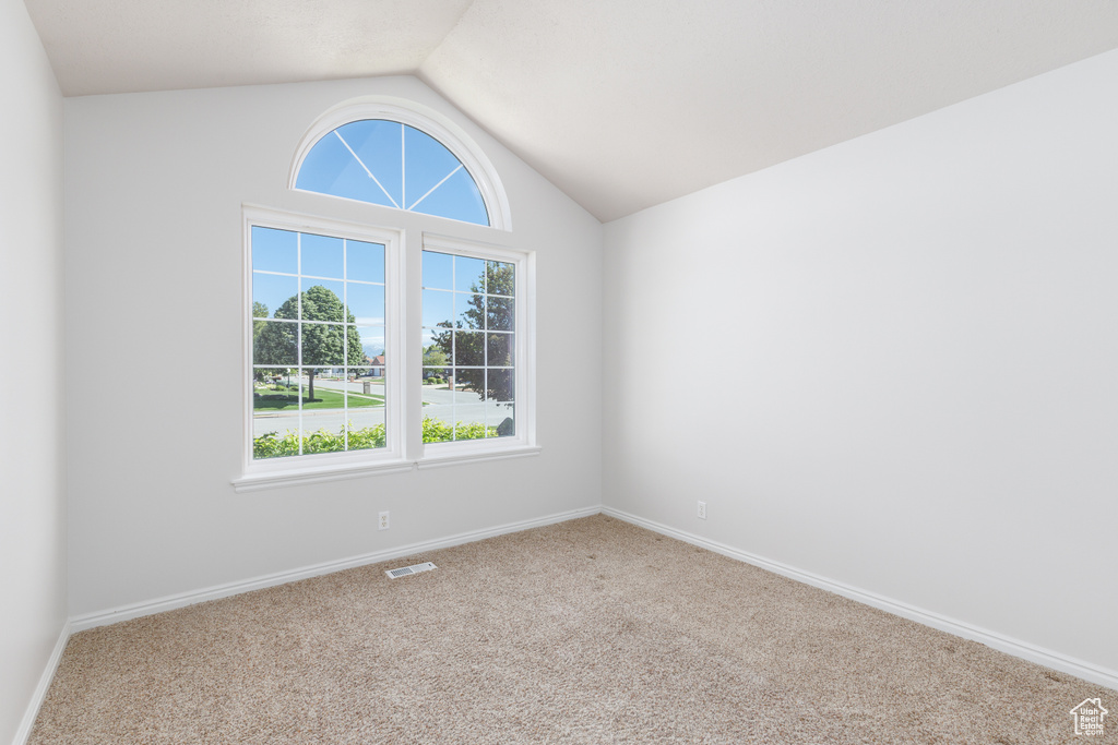 Carpeted empty room with plenty of natural light, vaulted ceiling, and baseboards