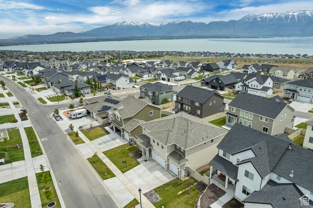 Aerial view of residential area with a water and mountain view