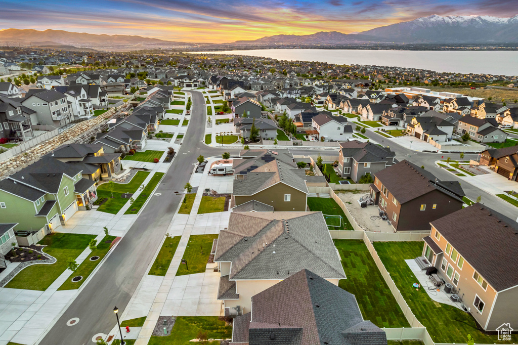 Aerial view of residential area with a water and mountain view