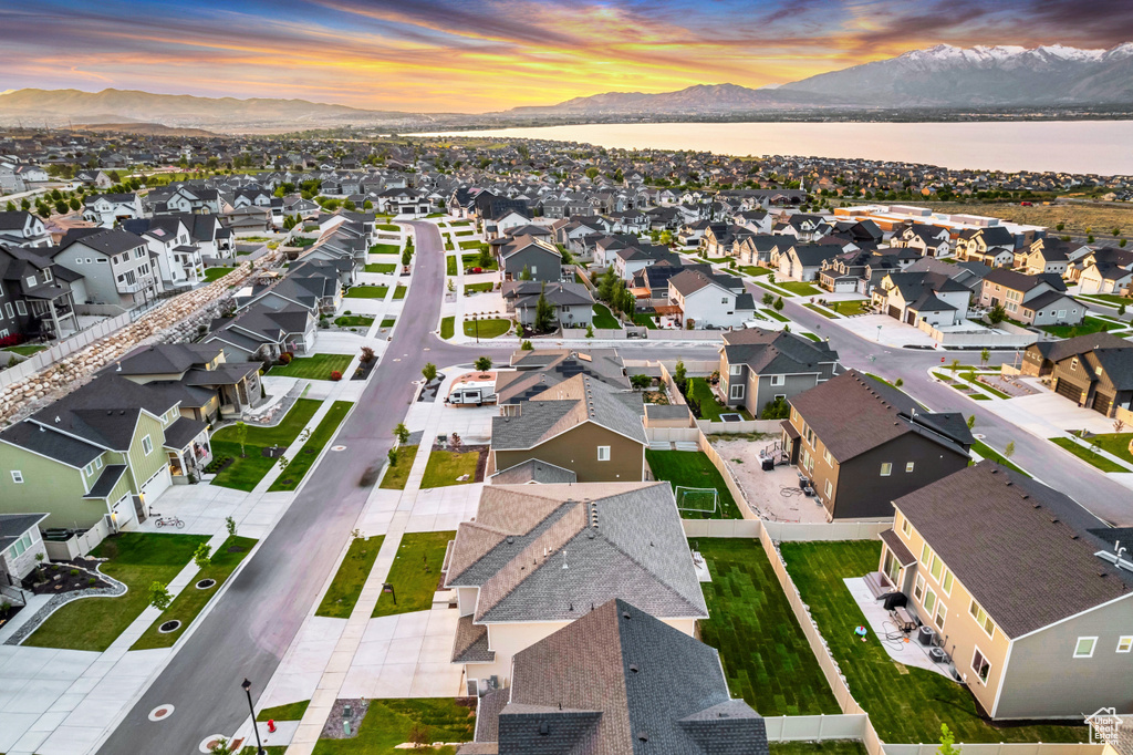 Aerial view at dusk of a mountain view and a residential view