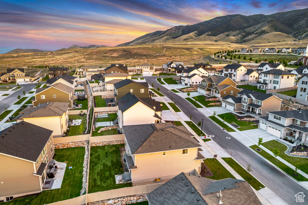 Aerial perspective of suburban area featuring mountains
