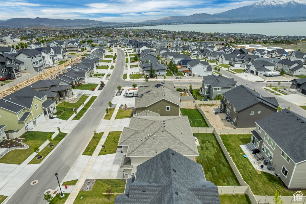 Aerial view of residential area with a water and mountain view