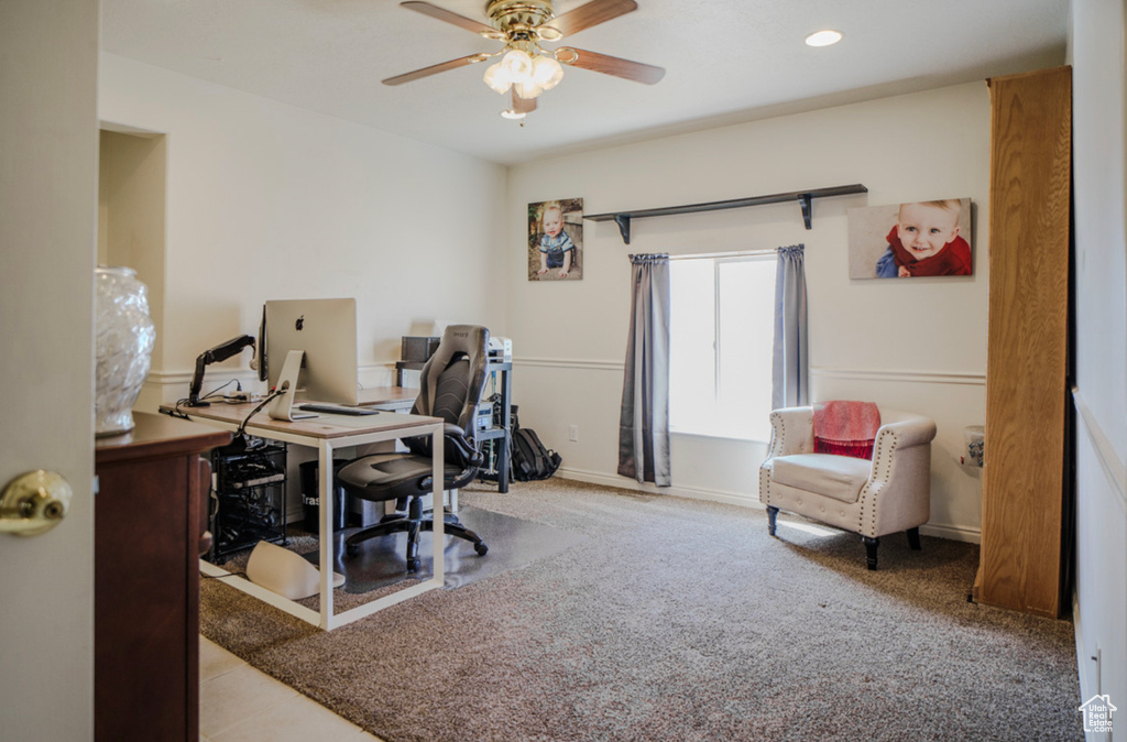 Office space featuring ceiling fan, recessed lighting, and baseboards