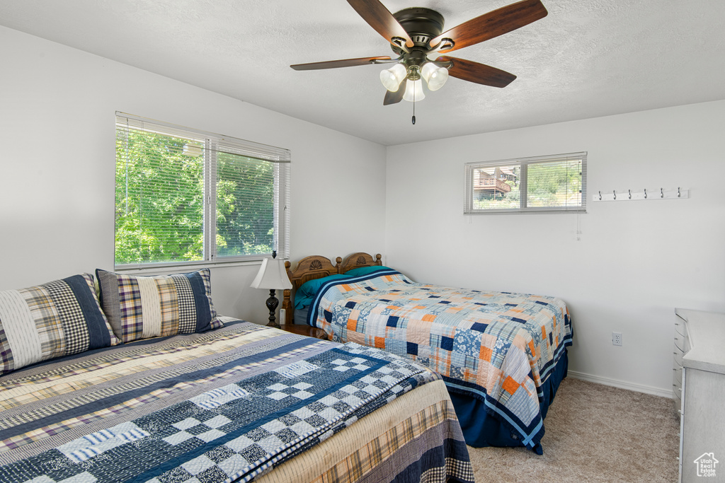 Carpeted bedroom featuring a ceiling fan, baseboards, and a textured ceiling