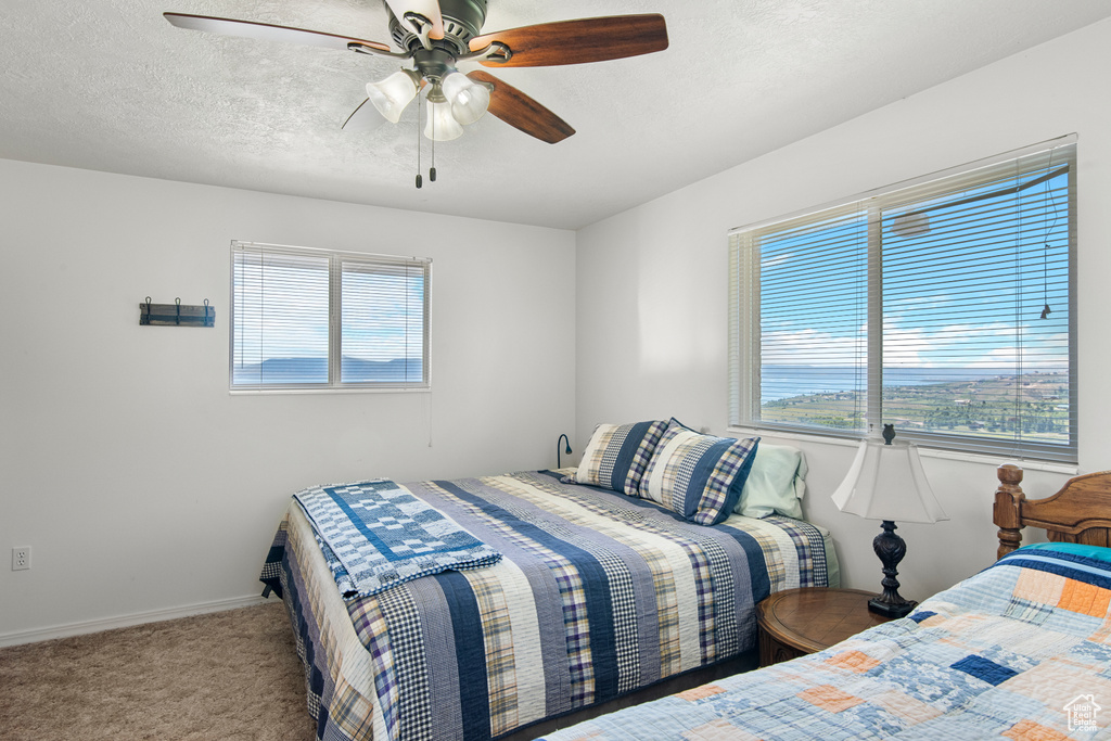 Bedroom with carpet, baseboards, and a ceiling fan