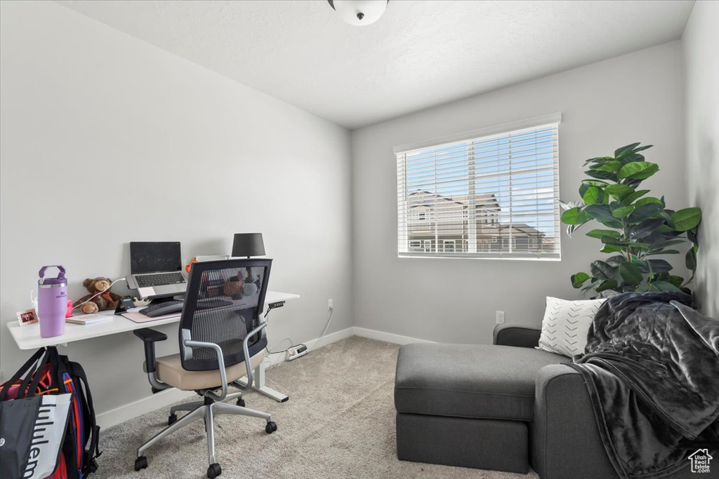 Carpeted office space with baseboards