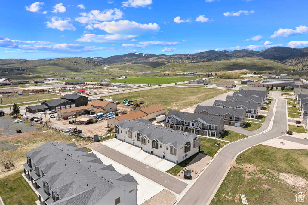 Aerial perspective of suburban area featuring mountains