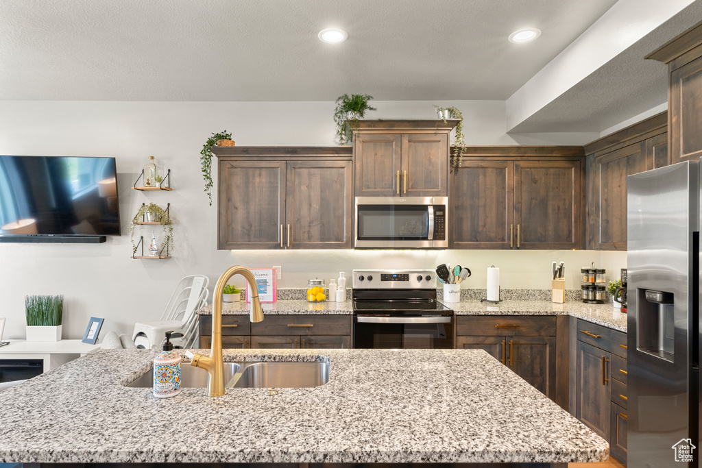 Kitchen featuring stainless steel appliances, a sink, a kitchen island with sink, dark brown cabinets, and recessed lighting