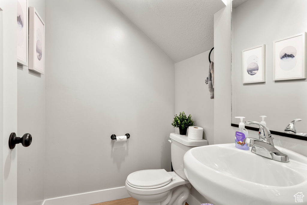 Bathroom featuring a sink, toilet, lofted ceiling, wood finished floors, and baseboards