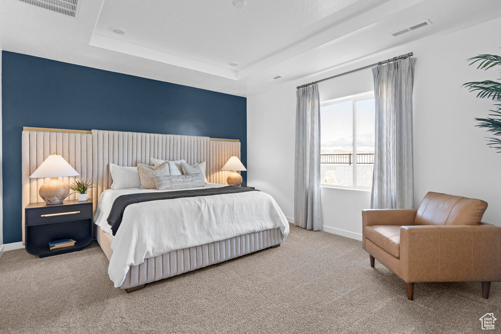 Bedroom with carpet flooring, baseboards, and a raised ceiling