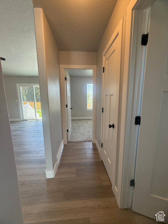 Hall featuring wood finished floors, a textured ceiling, healthy amount of natural light, and baseboards