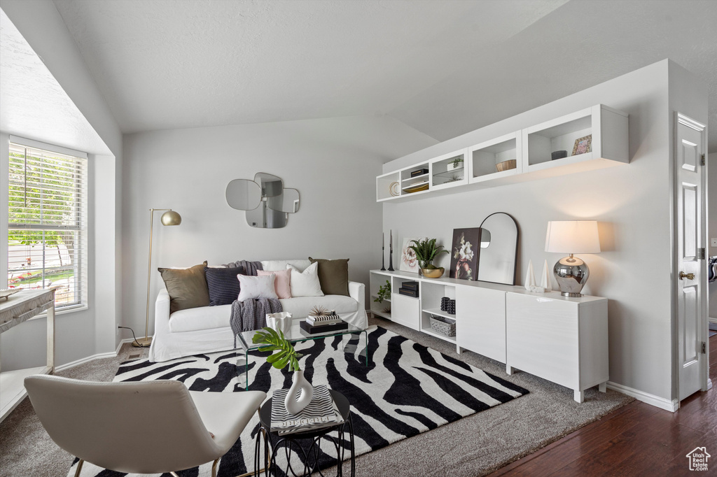 Living room featuring lofted ceiling, dark wood finished floors, and baseboards