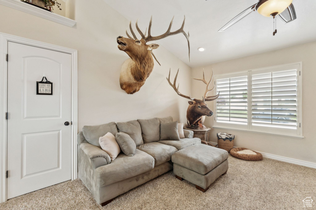 Living room featuring carpet, a ceiling fan, and baseboards
