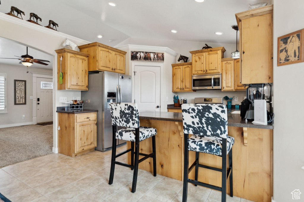 Kitchen featuring appliances with stainless steel finishes, dark countertops, a peninsula, a breakfast bar area, and vaulted ceiling