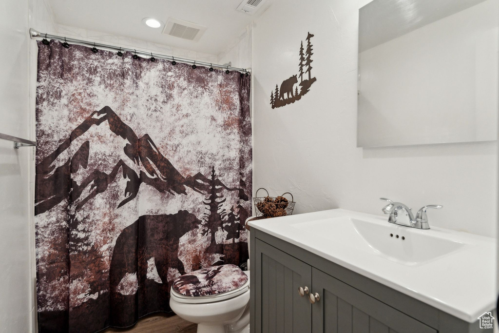 Full bath featuring toilet, vanity, and a shower with curtain