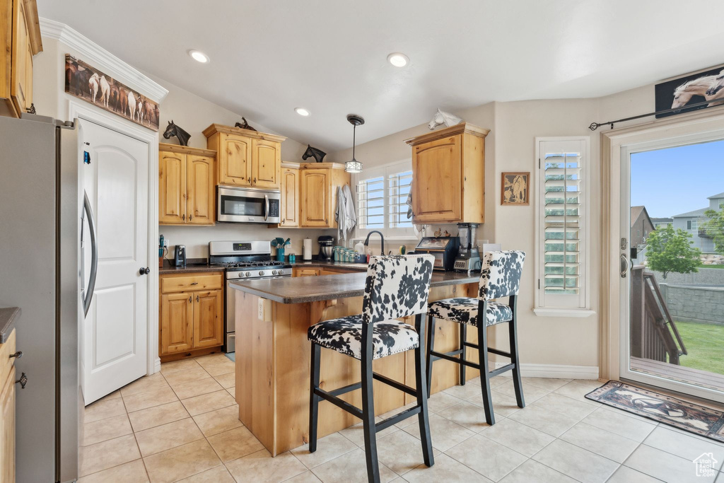 Kitchen with appliances with stainless steel finishes, dark countertops, a breakfast bar, a sink, and pendant lighting