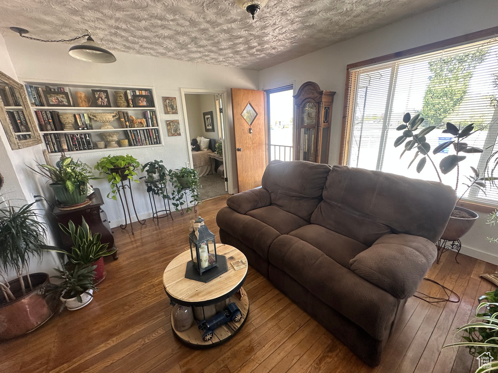 Living area featuring a textured ceiling, plenty of natural light, and wood-type flooring