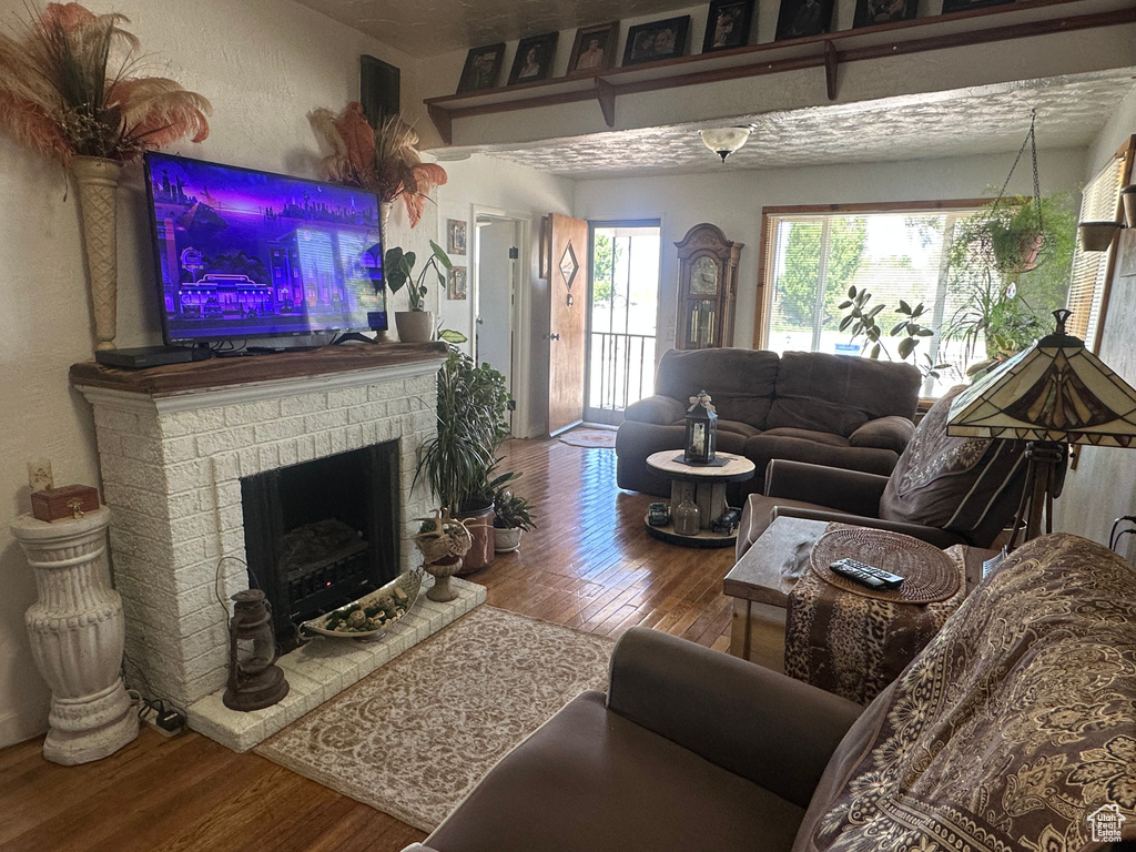 Living room featuring wood finished floors and a fireplace