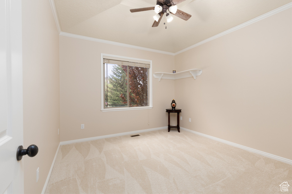 Spare room featuring light carpet, a ceiling fan, crown molding, and baseboards