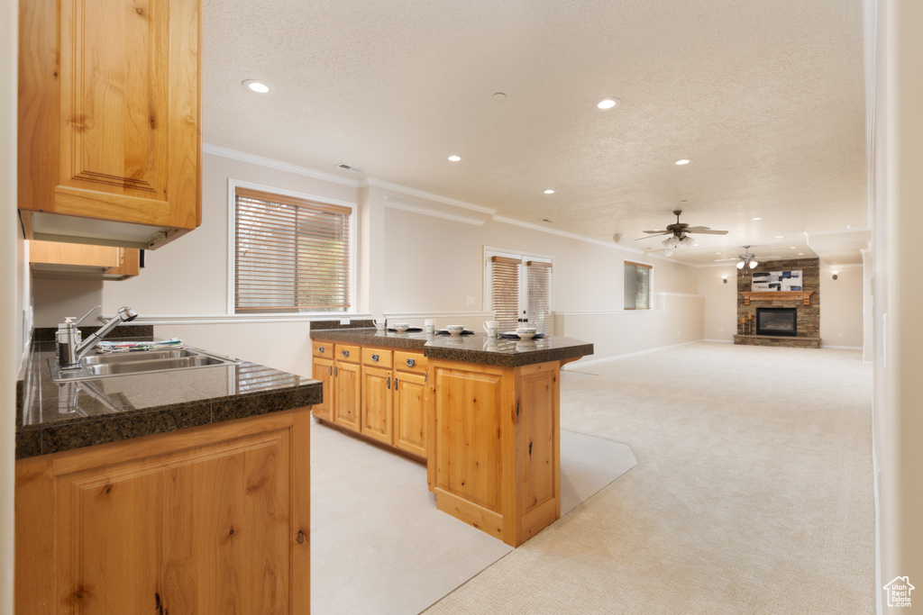 Kitchen with a sink, ornamental molding, ceiling fan, recessed lighting, and light colored carpet