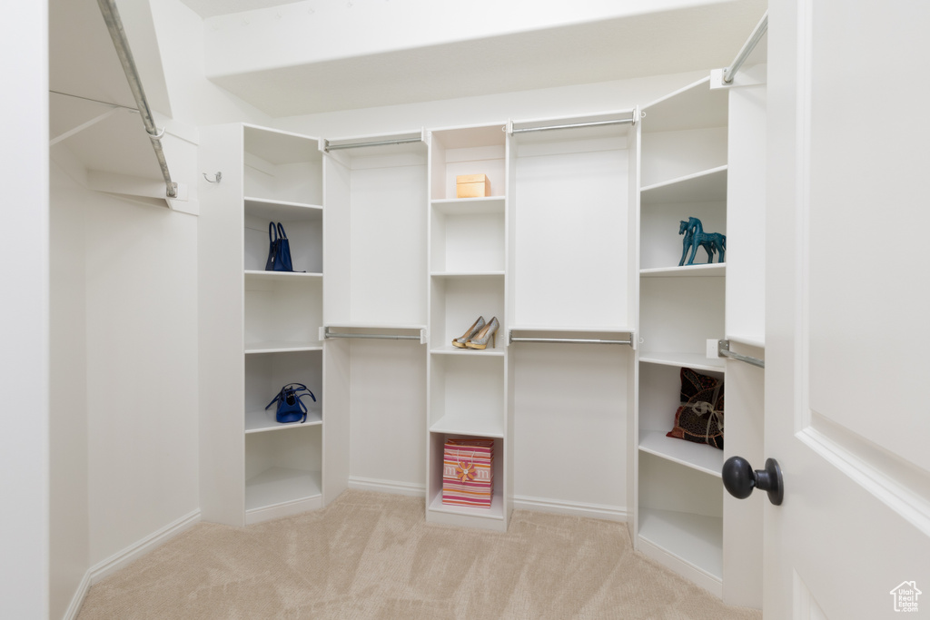 Walk in closet with carpet floors