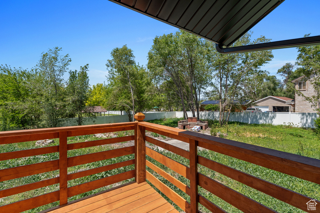 Wooden deck featuring a fenced backyard