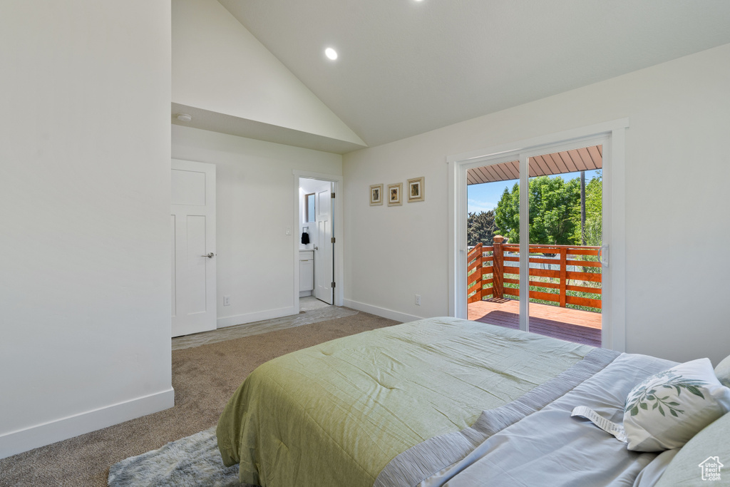 Carpeted bedroom featuring access to exterior, baseboards, recessed lighting, and high vaulted ceiling