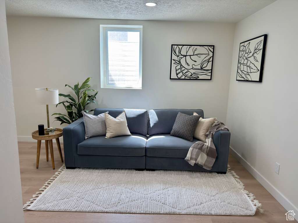 Living area with wood finished floors, a textured ceiling, and baseboards