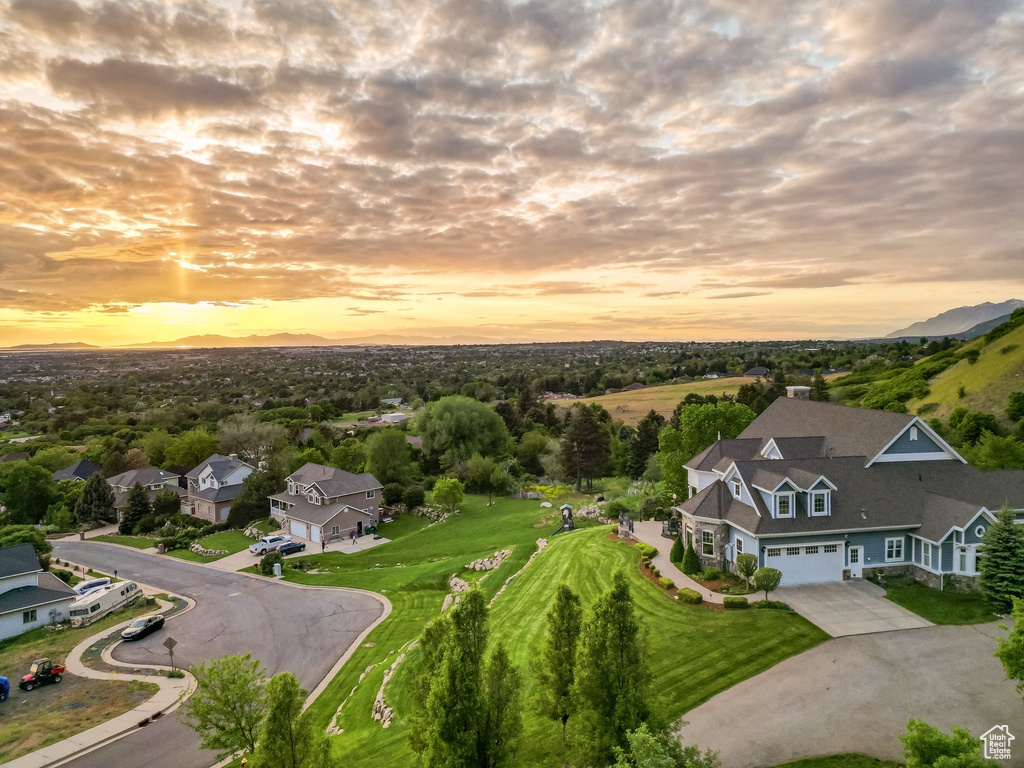 Aerial view at dusk of a residential view