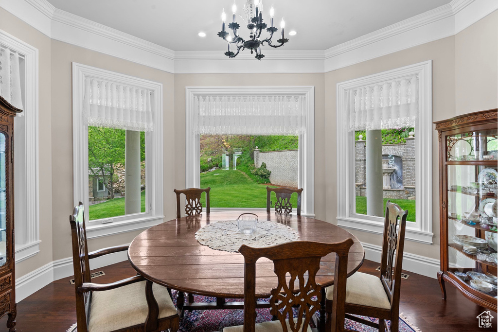 Dining space featuring dark wood-type flooring, healthy amount of natural light, a chandelier, baseboards, and ornamental molding