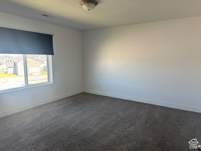 Spare room featuring carpet flooring, baseboards, and a textured ceiling