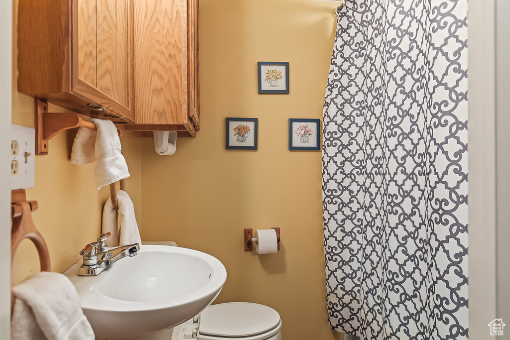Full bath featuring a sink, toilet, and curtained shower