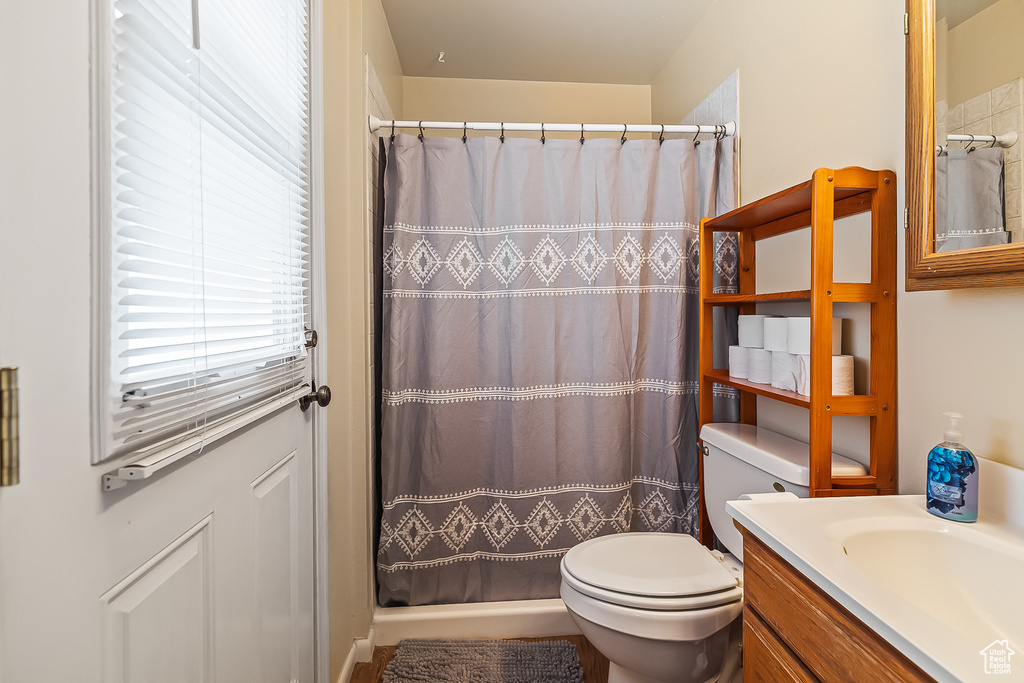 Full bathroom with toilet, vanity, and a shower with curtain