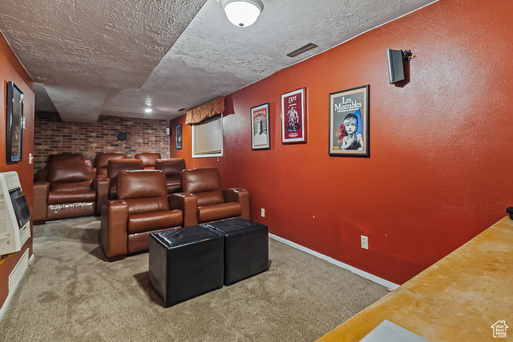 Carpeted home theater room featuring heating unit, a textured ceiling, and baseboards
