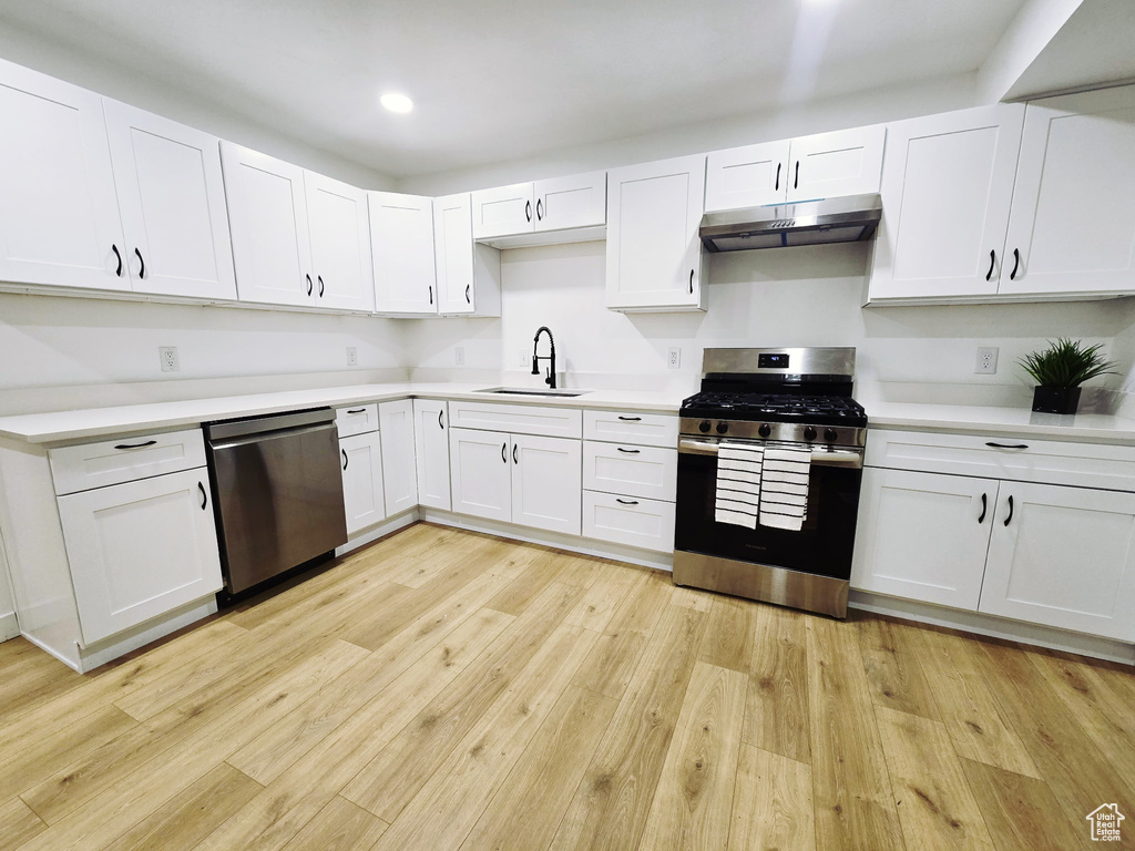 Kitchen featuring appliances with stainless steel finishes, under cabinet range hood, a sink, light countertops, and recessed lighting